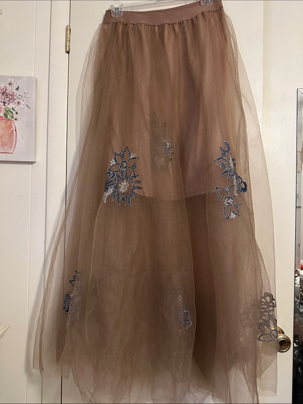 Haute Monde Brown Tulle Maxi Skirt with Blue Floral Embroidery